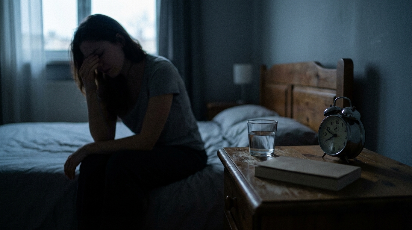 Tired woman silhouette beside a nightstand in dim light