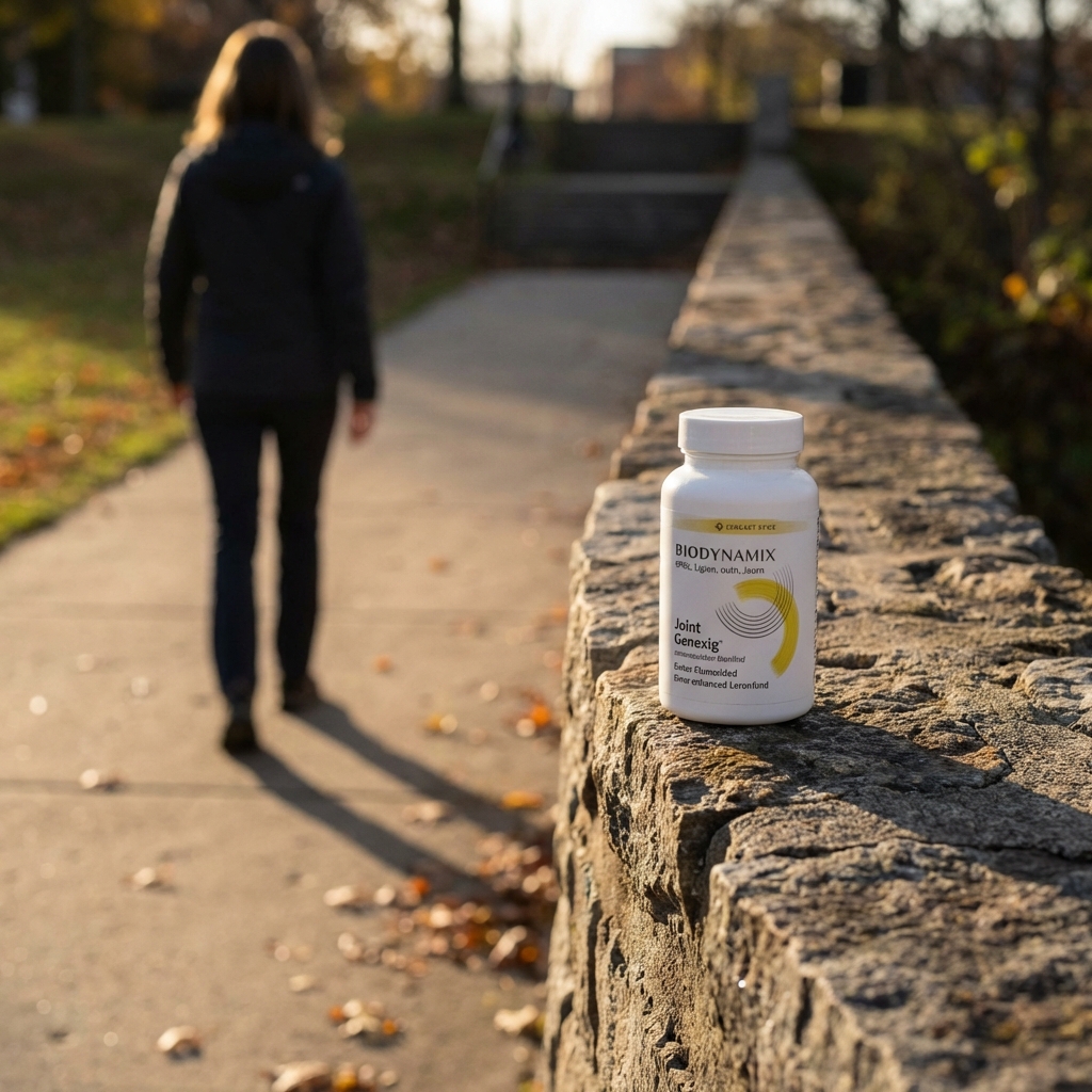 Joint Genesis bottle on park wall as woman walks uphill
