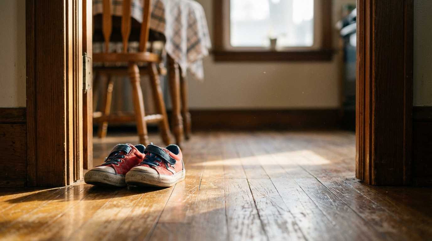 Childs shoes in a hallway lit by soft morning light