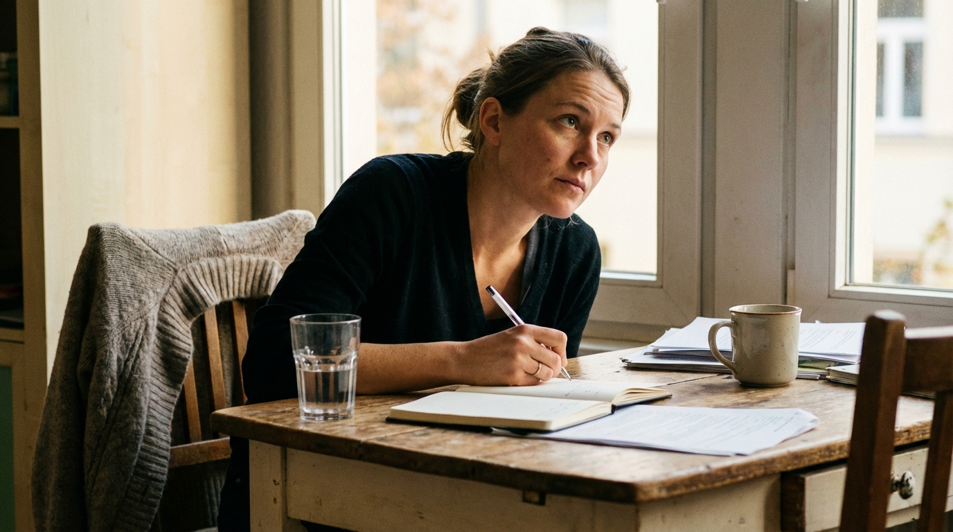 Woman writing in notebook in soft evening light
