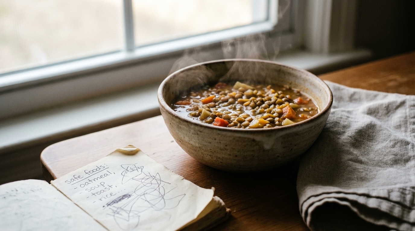 Warm bowl of simple cooked food in soft window light
