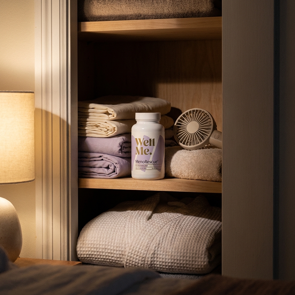 MenoRescue bottle on linen shelf in warm lamp light