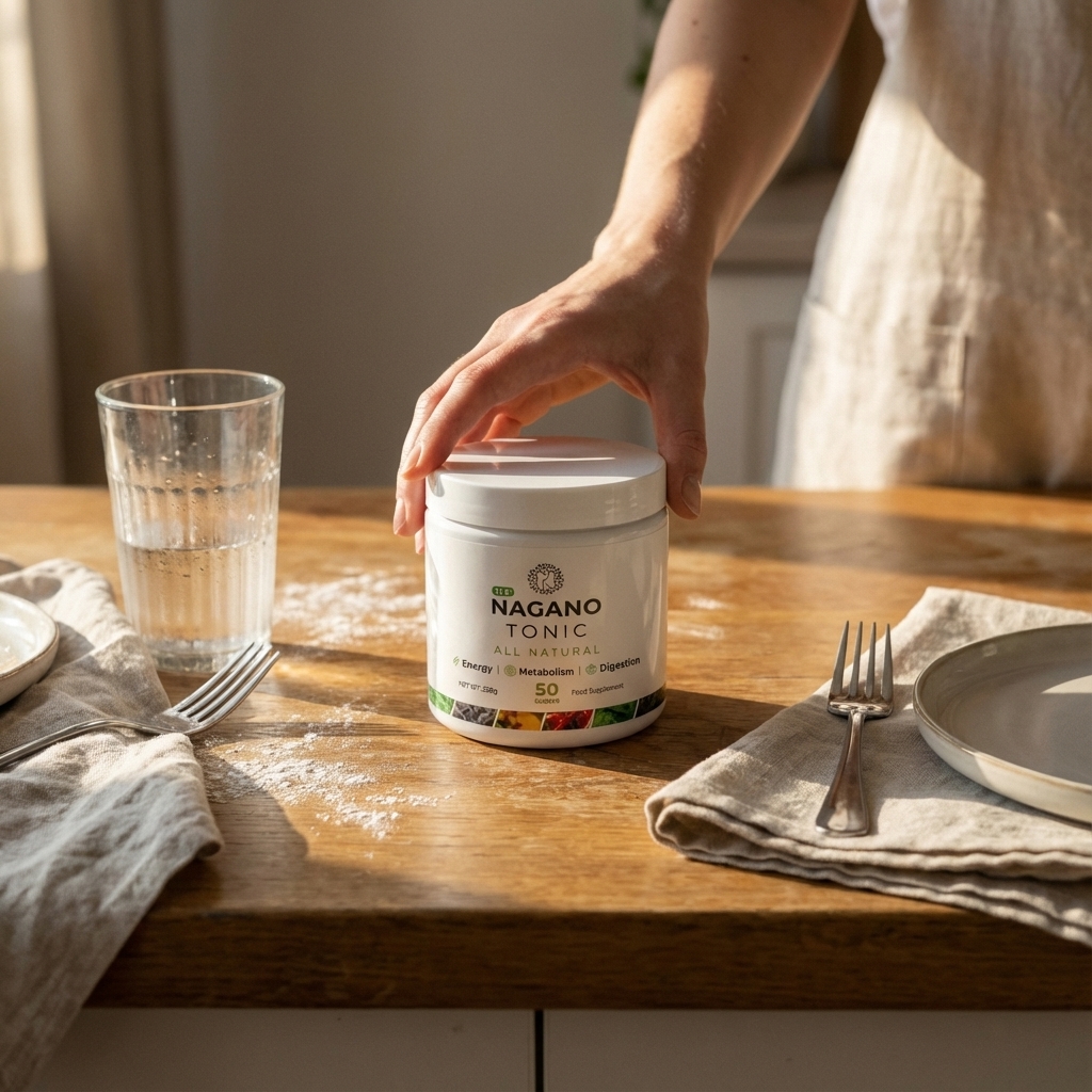 Nagano Tonic centered between a messy and calm place setting in morning light