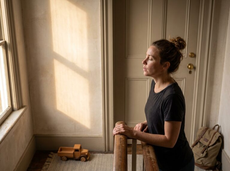 Woman pausing on stairs in soft morning light exhaling