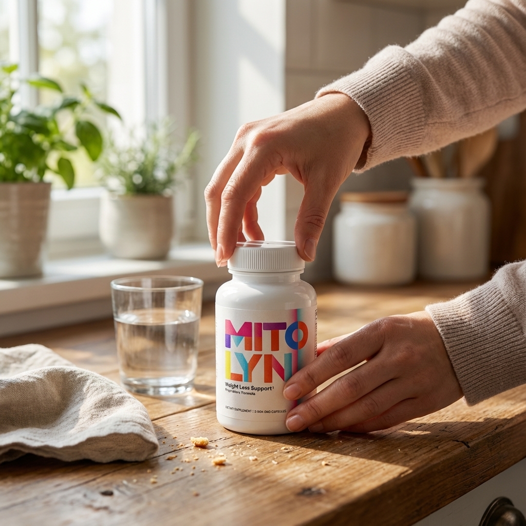Mitolyn bottle on a morning kitchen counter with hands opening it