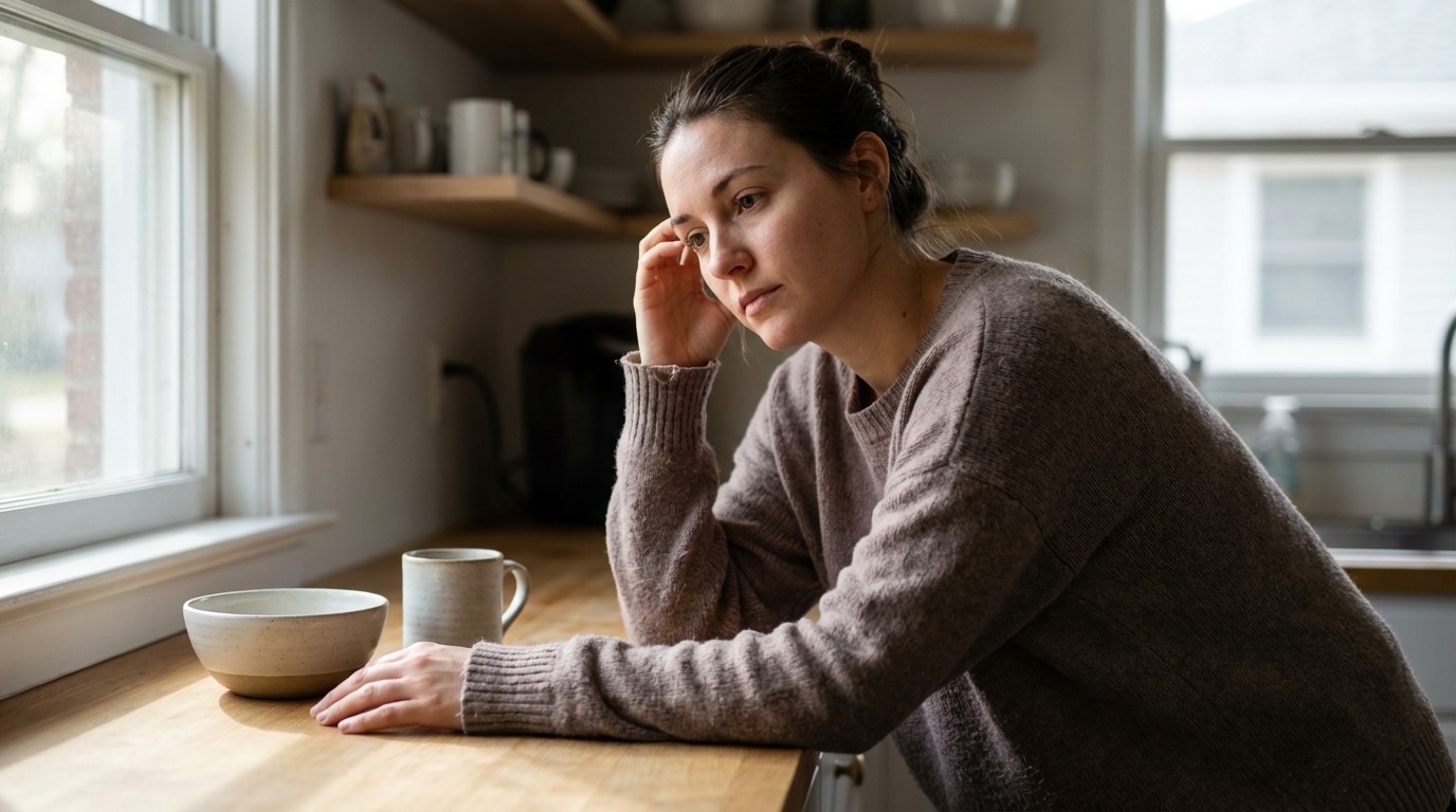 Woman in morning light pausing thoughtfully in the kitchen