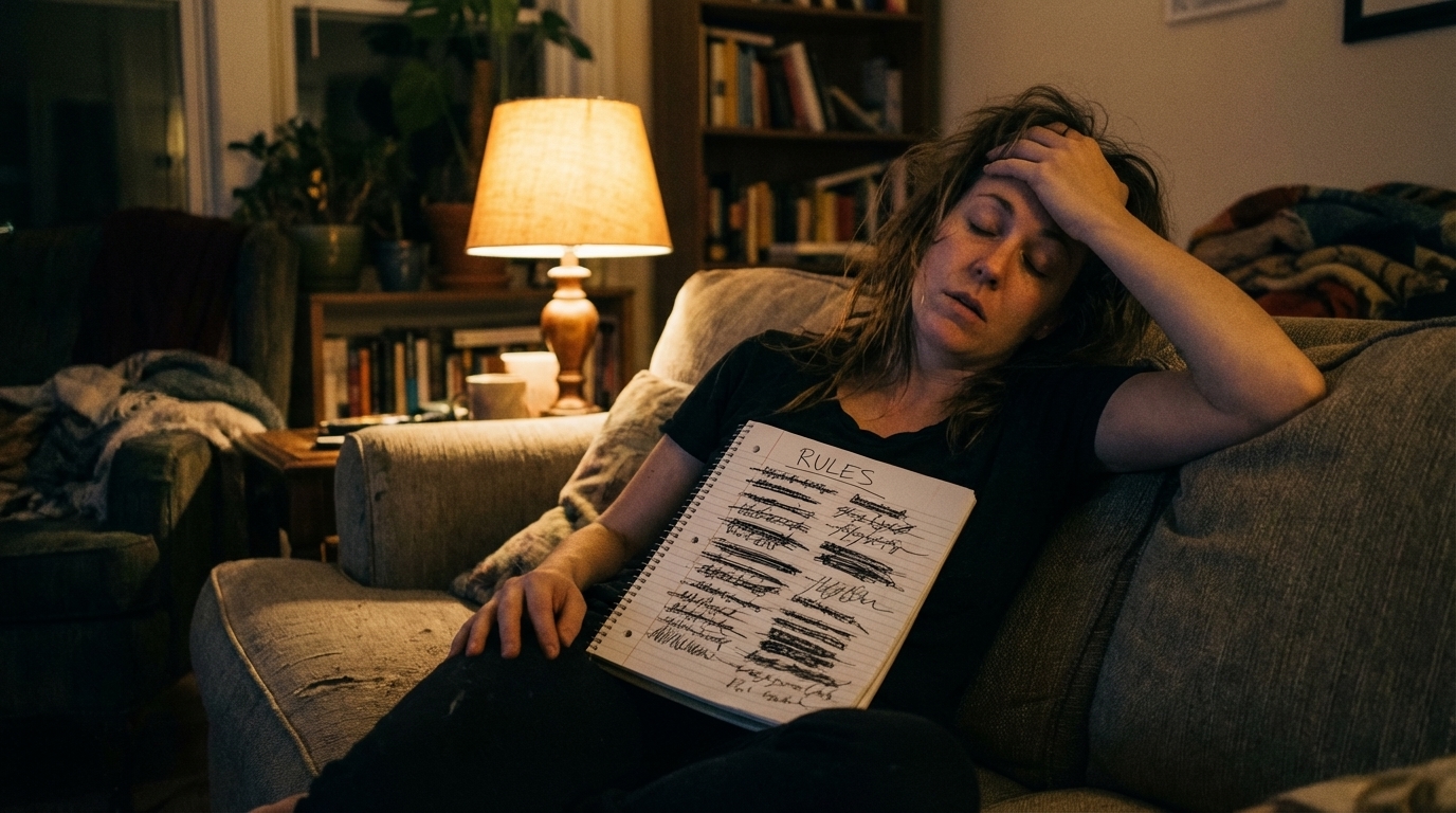 Woman resting on a couch with an open notebook and a tired expression in warm lamplight