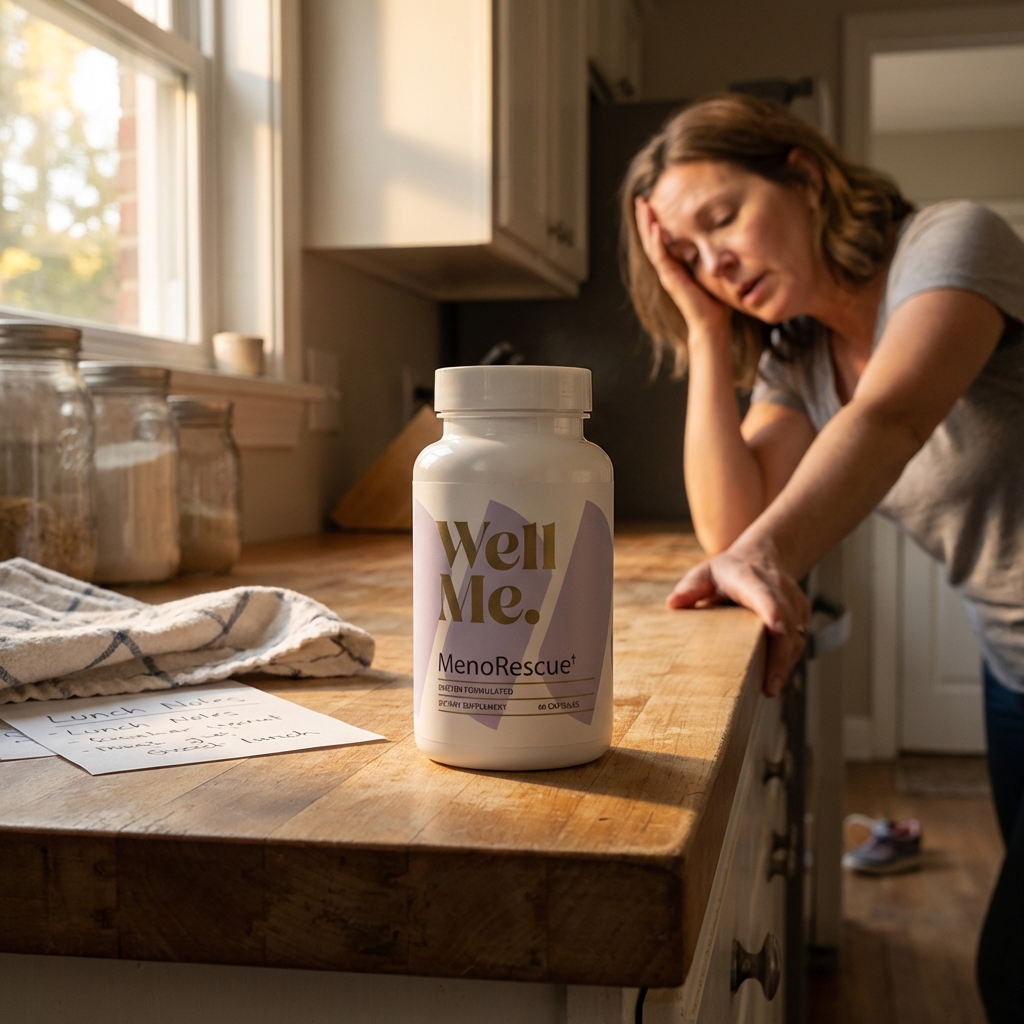 MenoRescue bottle in focus on a busy kitchen counter in warm light