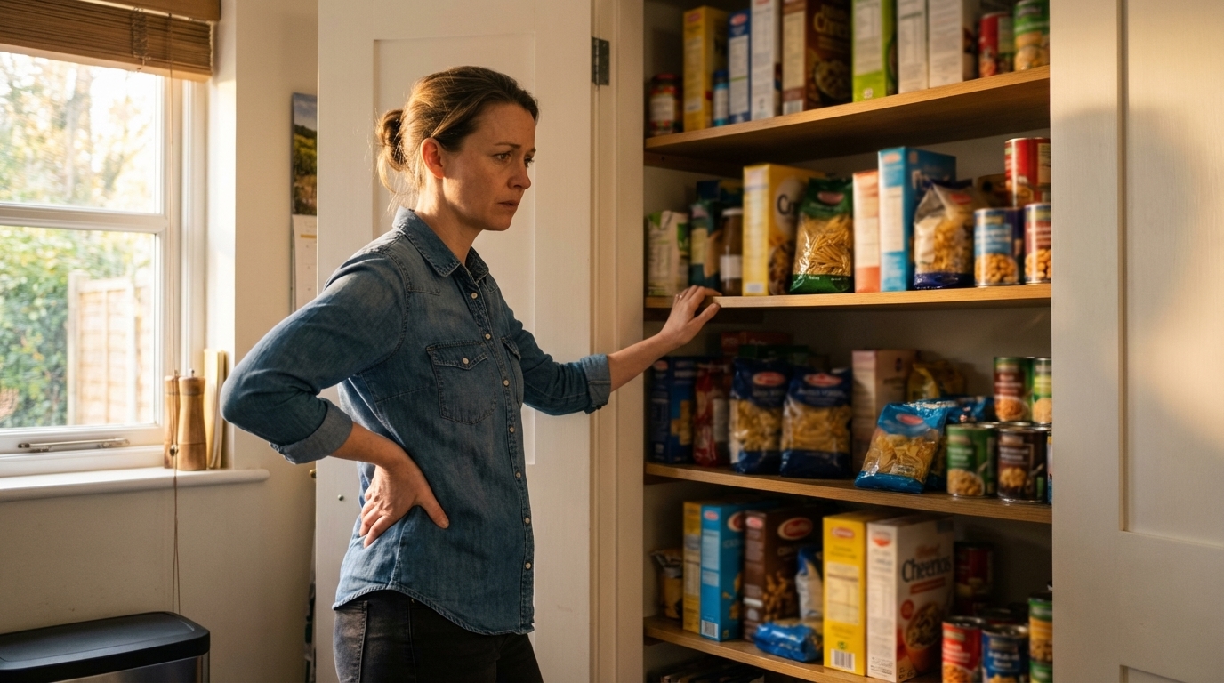 Woman staring into pantry deciding what to remove