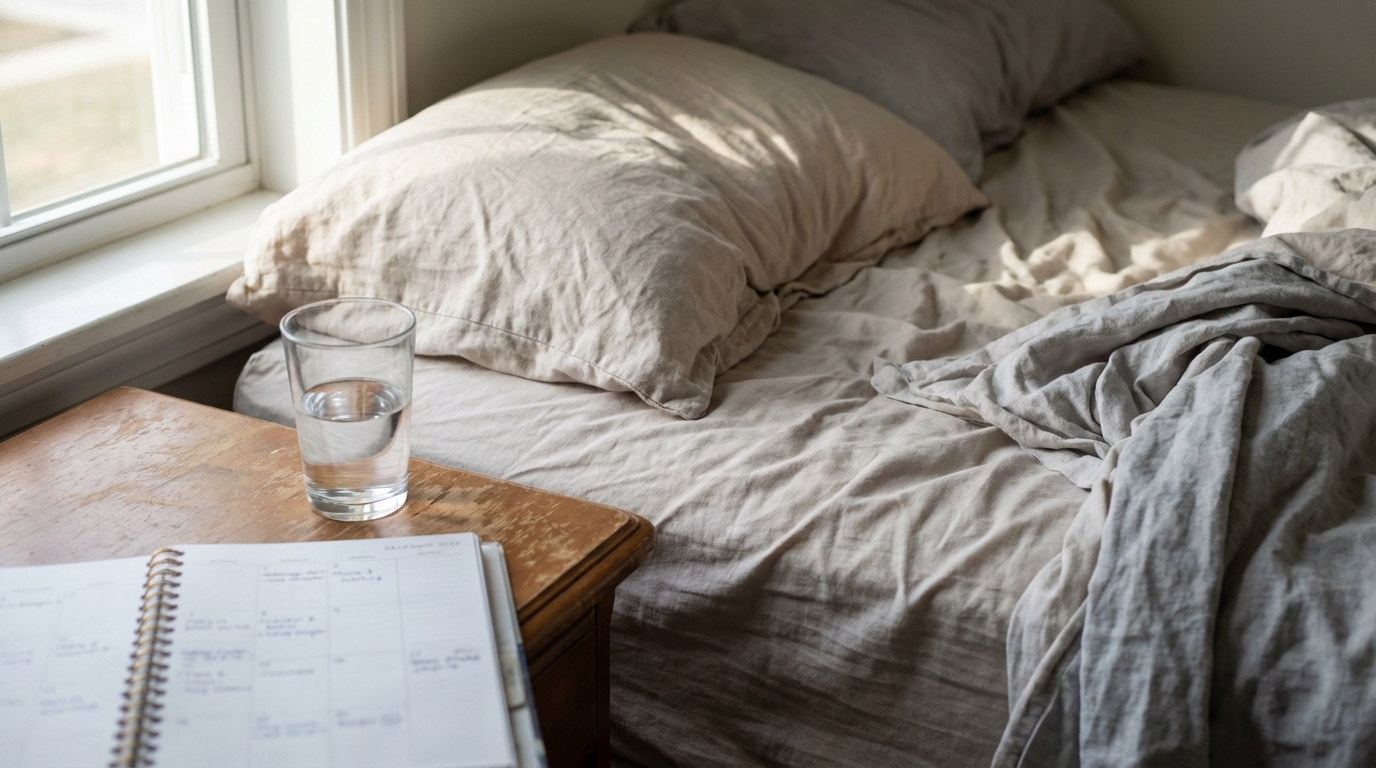 Soft morning light on bed and bedside water glass