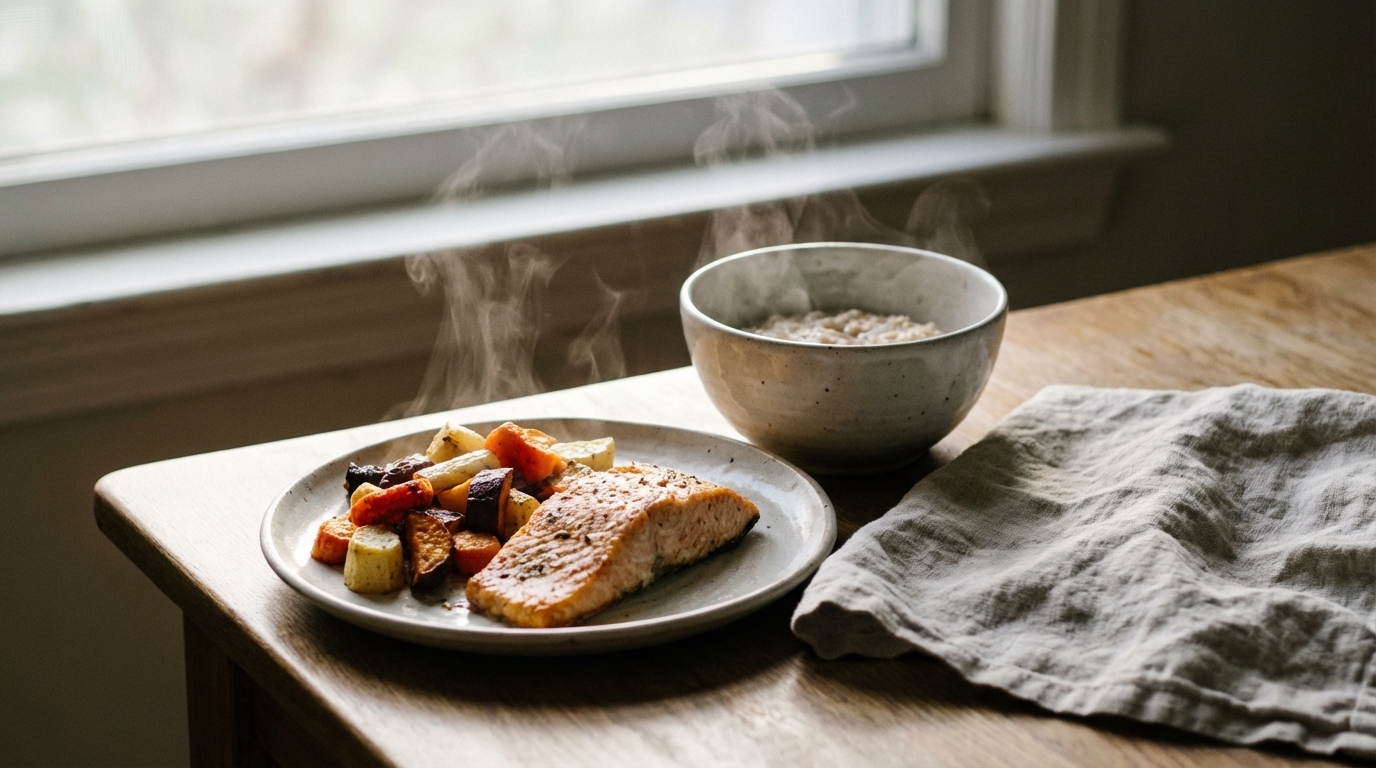 Simple warm meal in morning light on ceramic plates