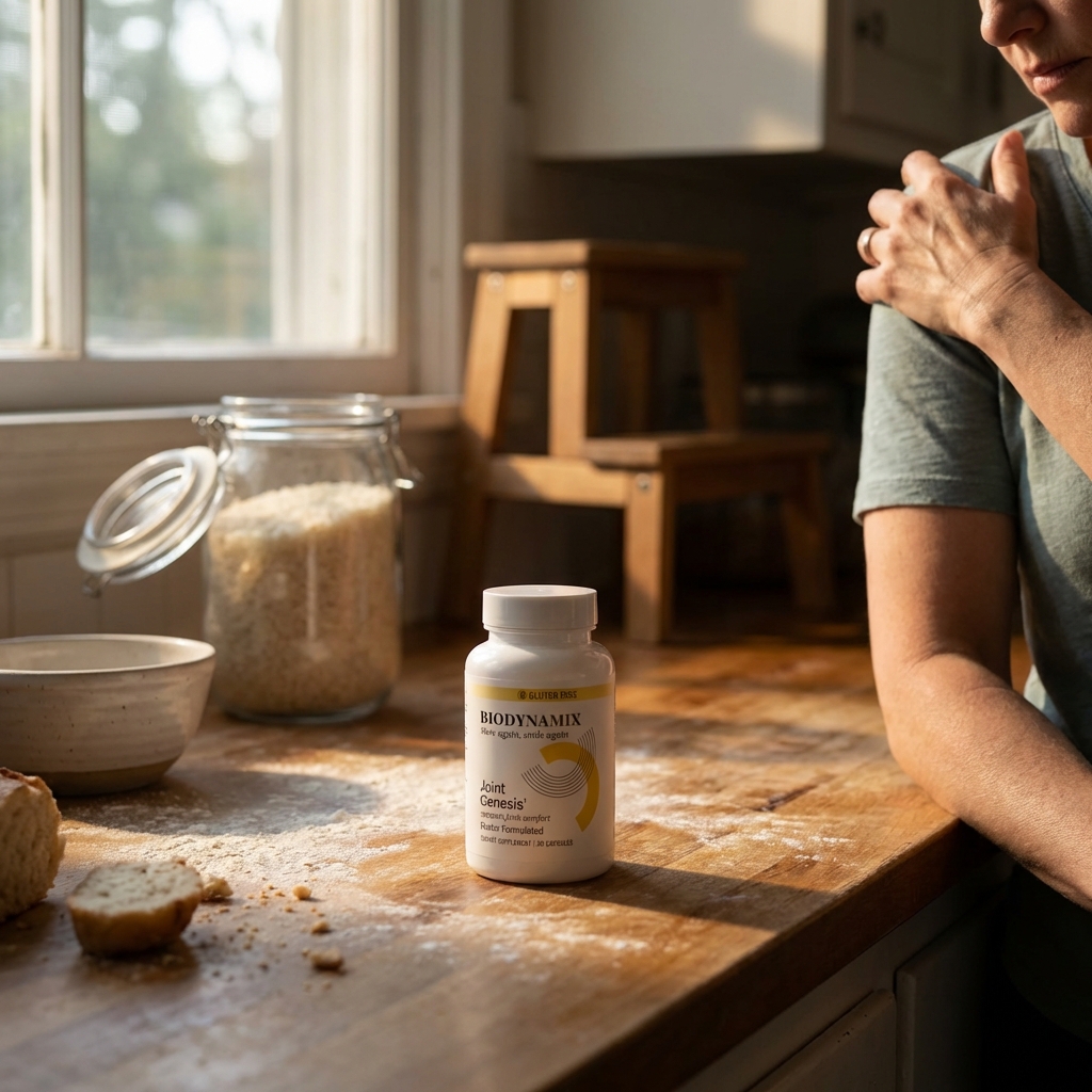 Joint Genesis bottle in focus on kitchen counter after a top shelf reach