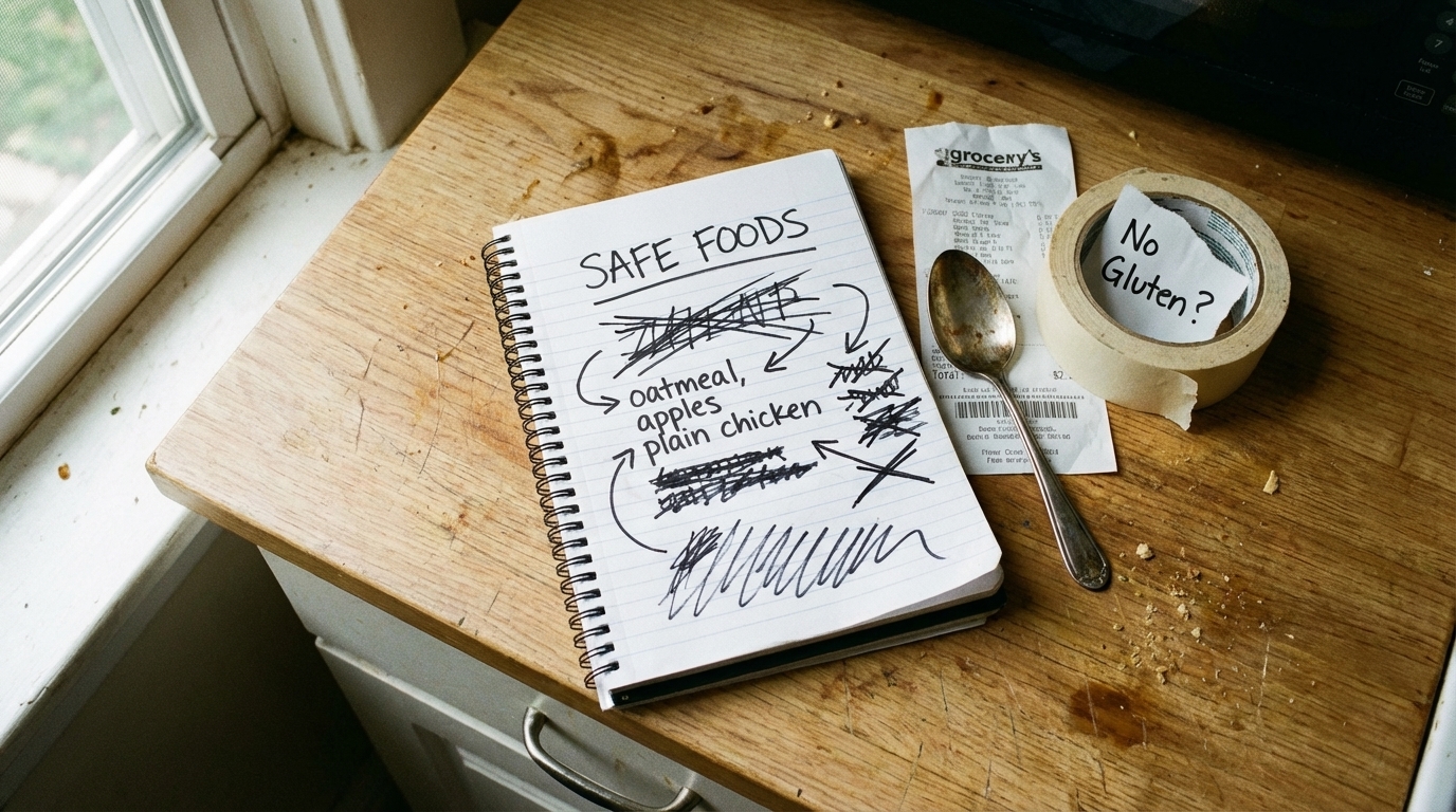 A messy safe foods list with many crossed out items