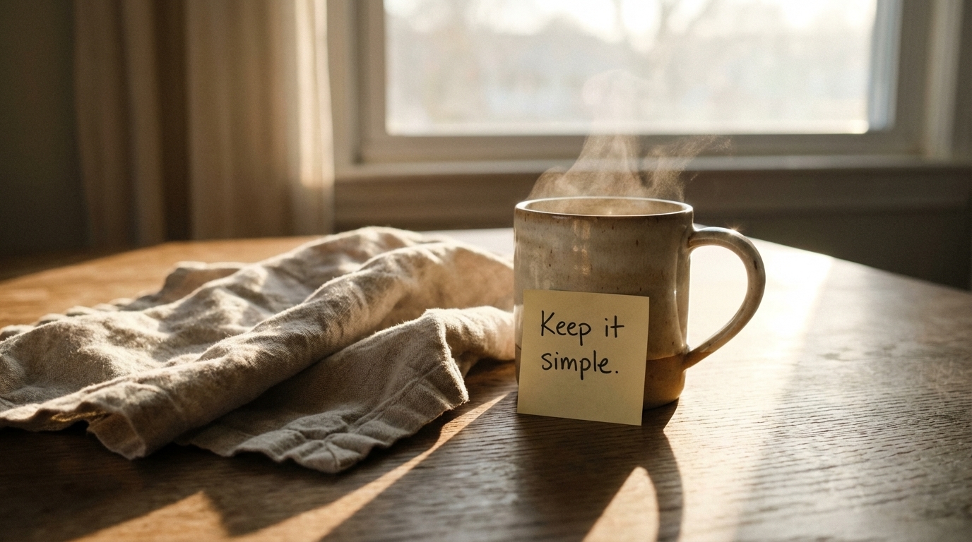 Warm mug and a note that says keep it simple