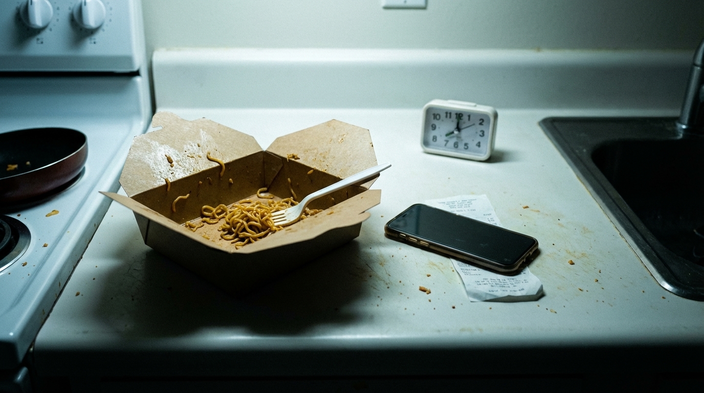 Late-night kitchen counter with takeout remnants and everyday clutter under overhead light
