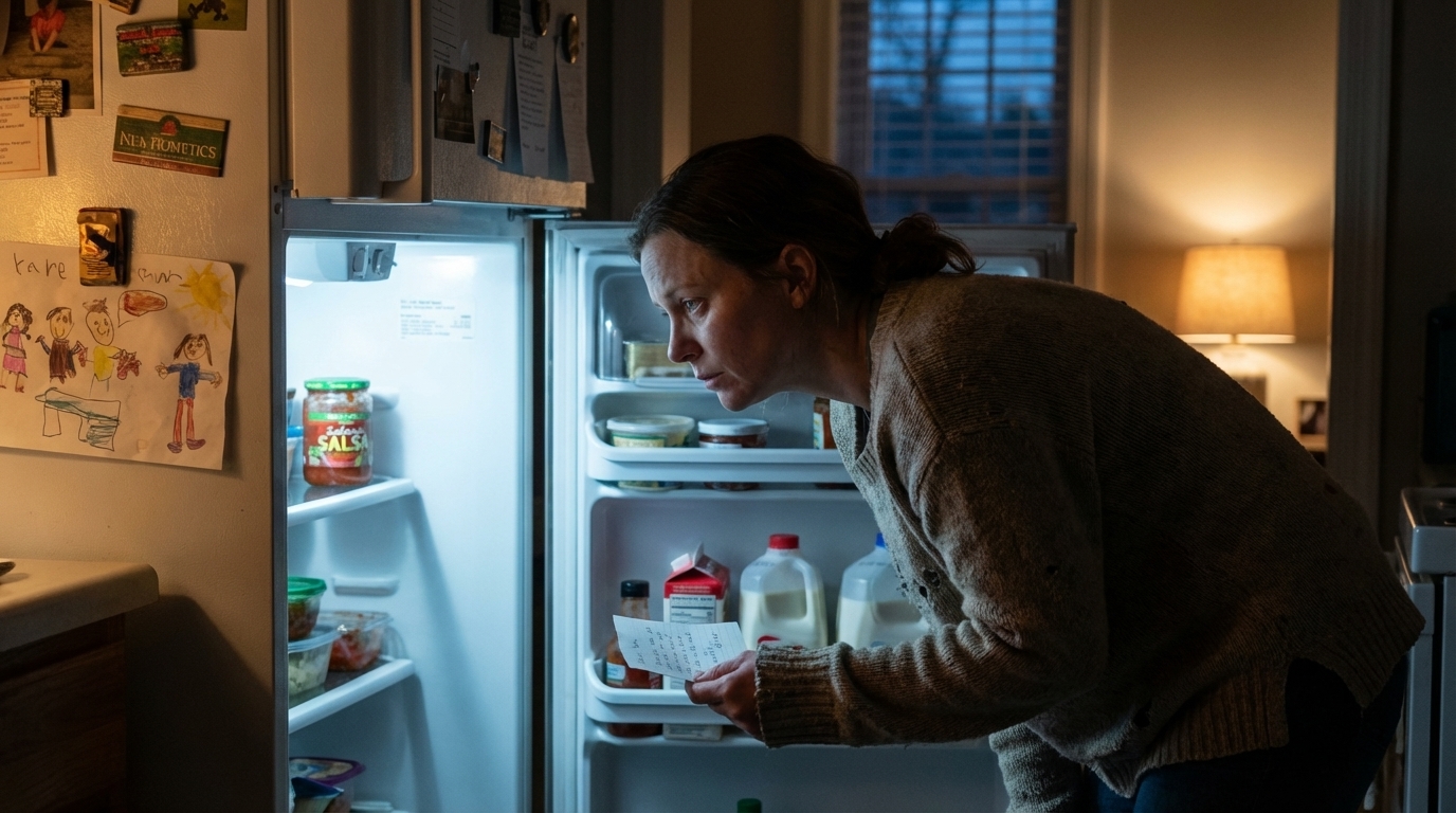 Woman holding a food list while looking into an open fridge