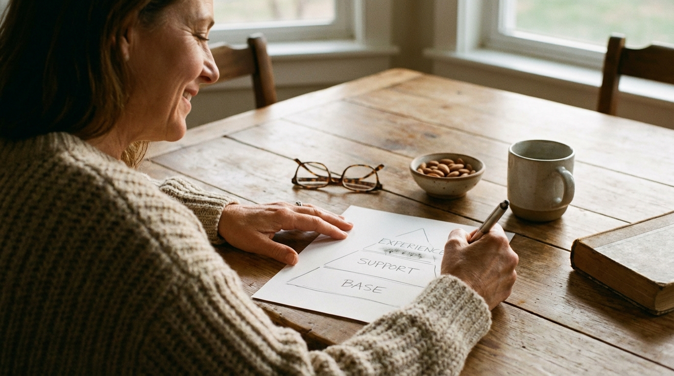 Woman sketching a simple three layer supplement plan on paper