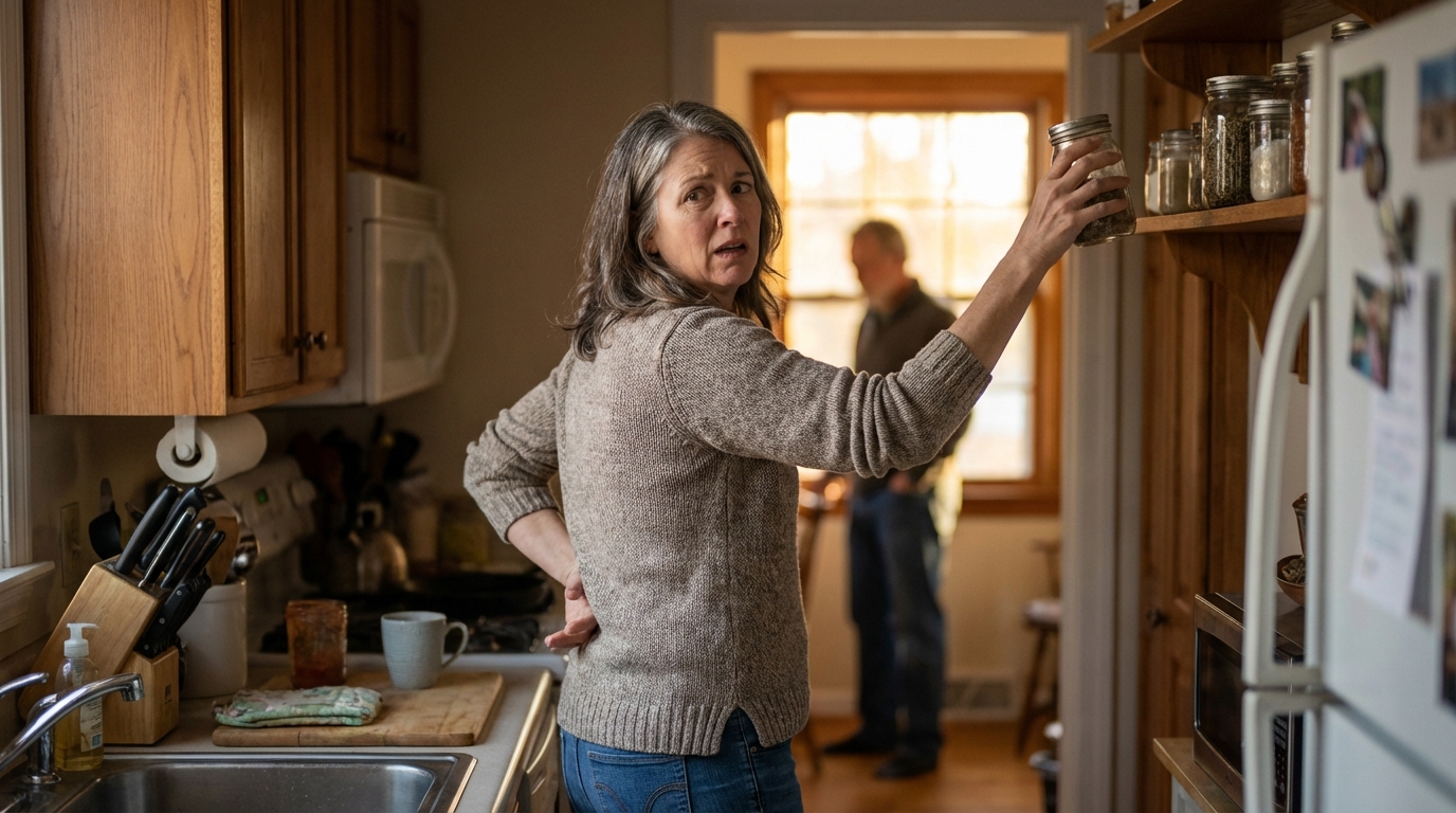 Woman reaching high shelf pausing at small joint creak moment