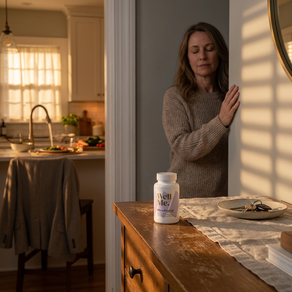 MenoRescue bottle in focus on hallway console at golden hour