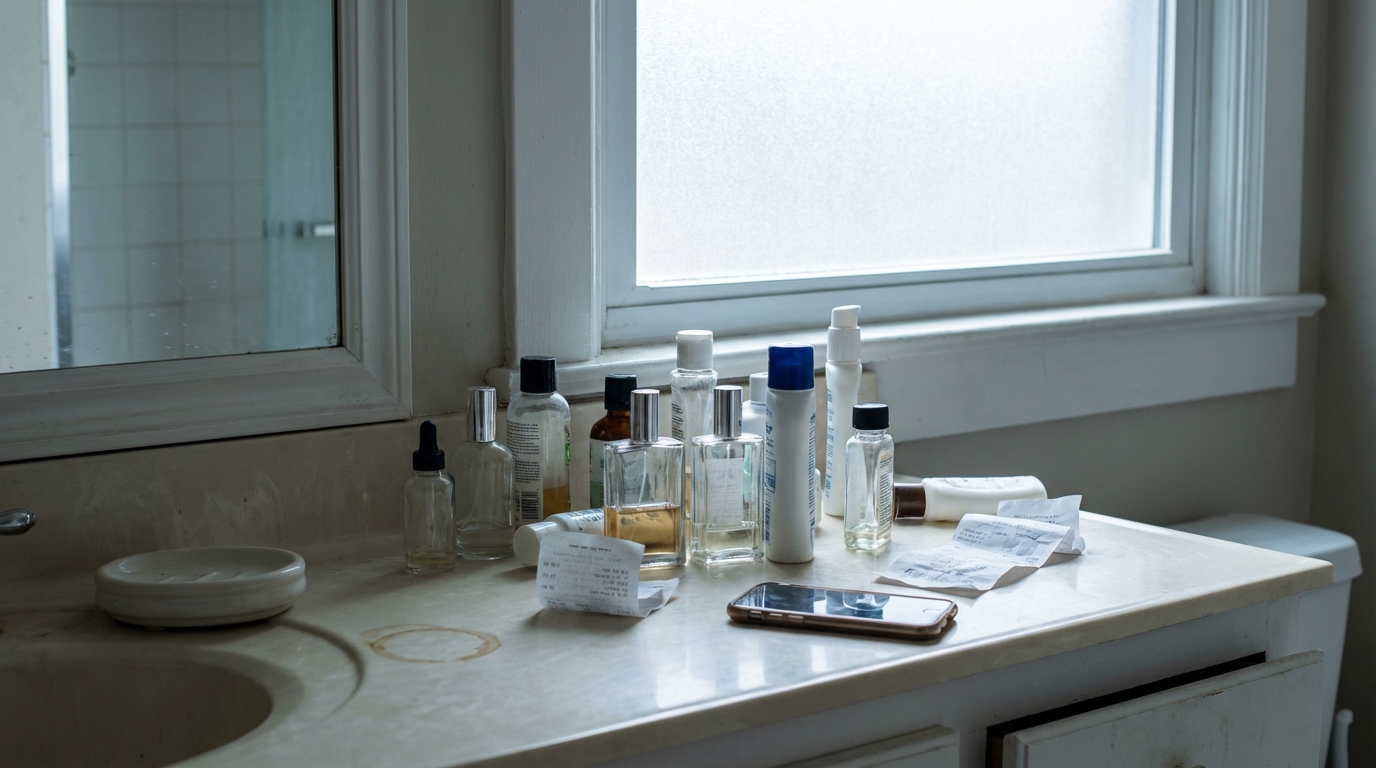 Bathroom counter with scattered generic bottles and receipts in natural light