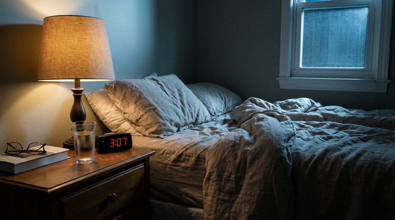 Bedside table with glowing clock and water glass at night