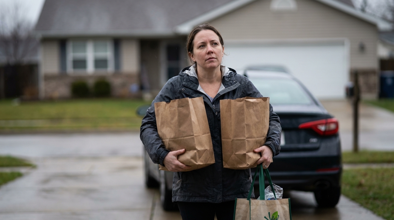 Woman pausing with grocery bags mid-walk