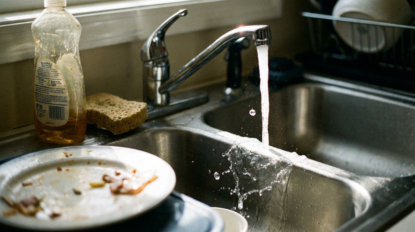 Running kitchen sink with everyday items nearby