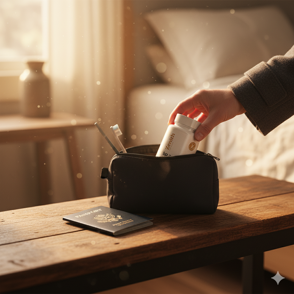BP Zone® tucked into a sun-lit travel pouch at day’s edge