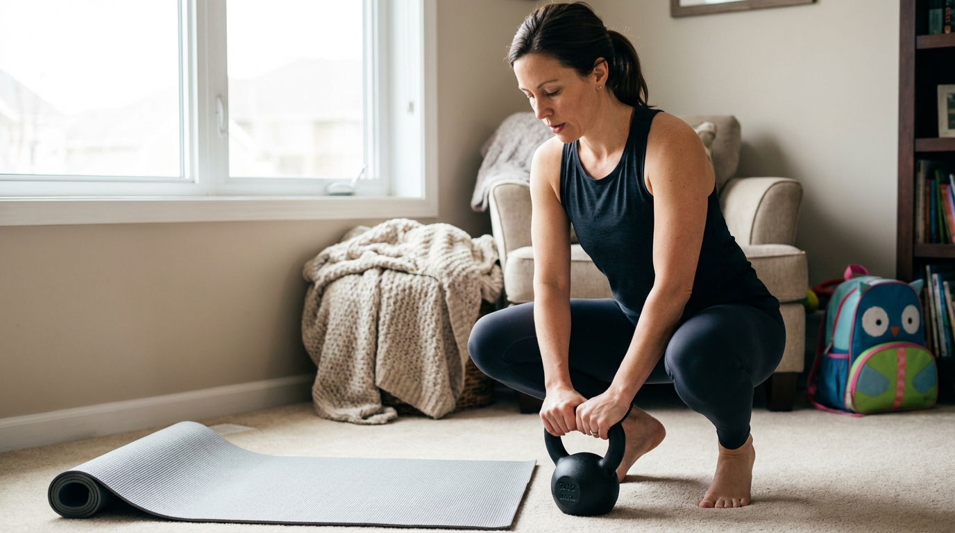 Woman setting up for a short home strength session