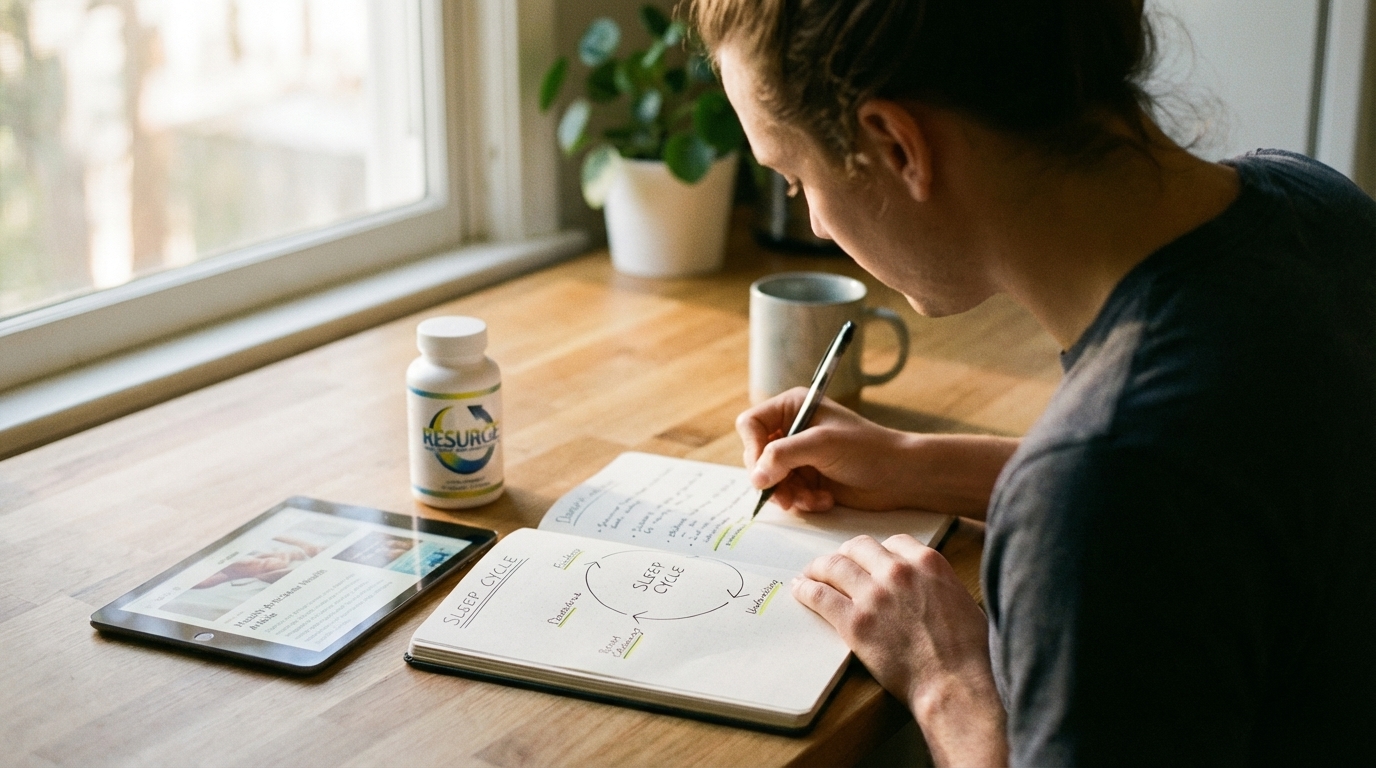 Person studying a sleep diagram at a sunlit kitchen table.