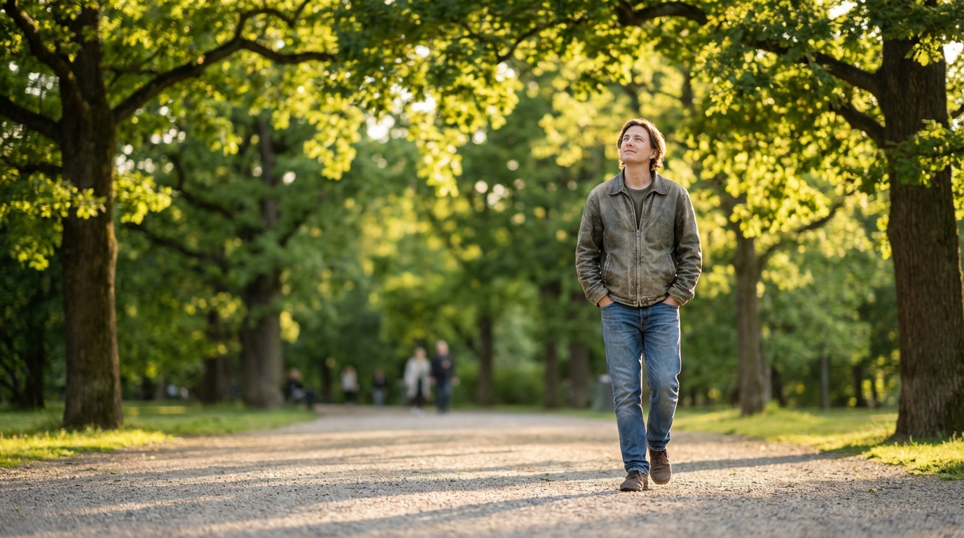 Person walking through a park with relaxed shoulders and clearer mood