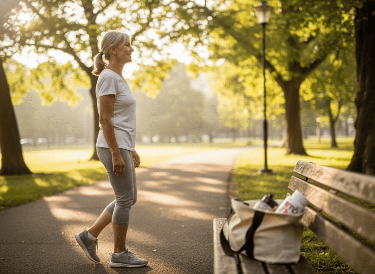 Midlife person walking through a sunlit park, relaxed and energized.