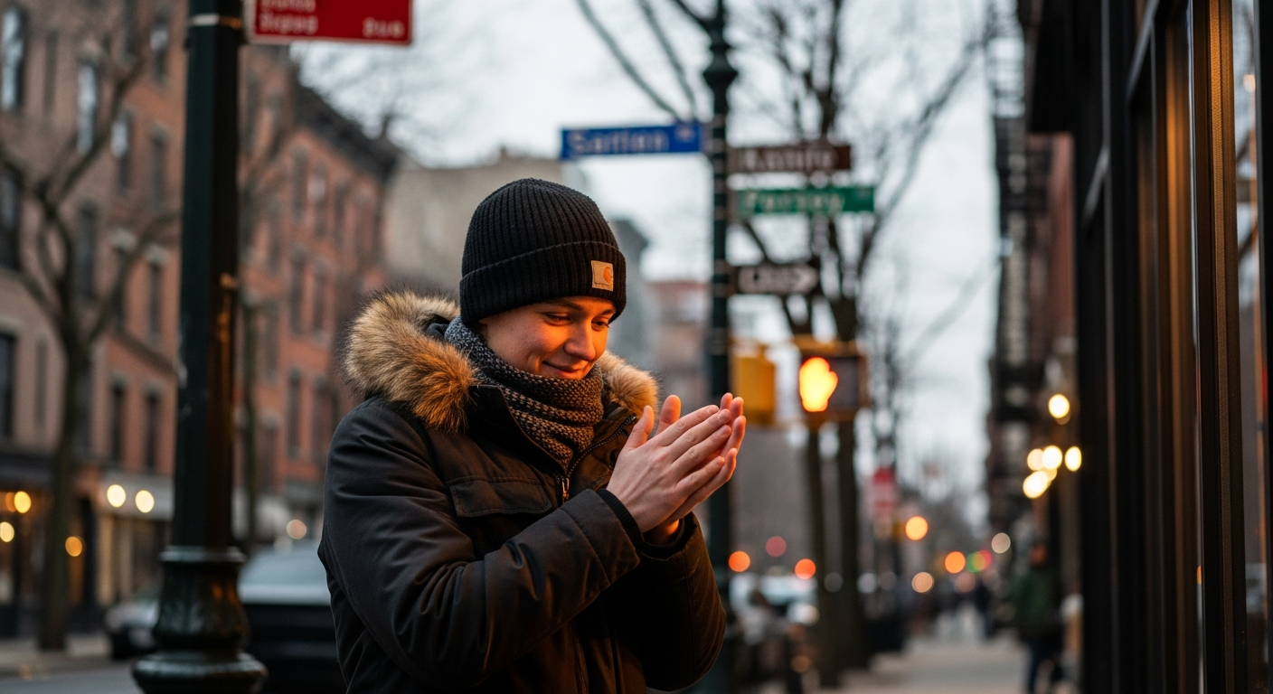 Winter scene with hands warming near café light