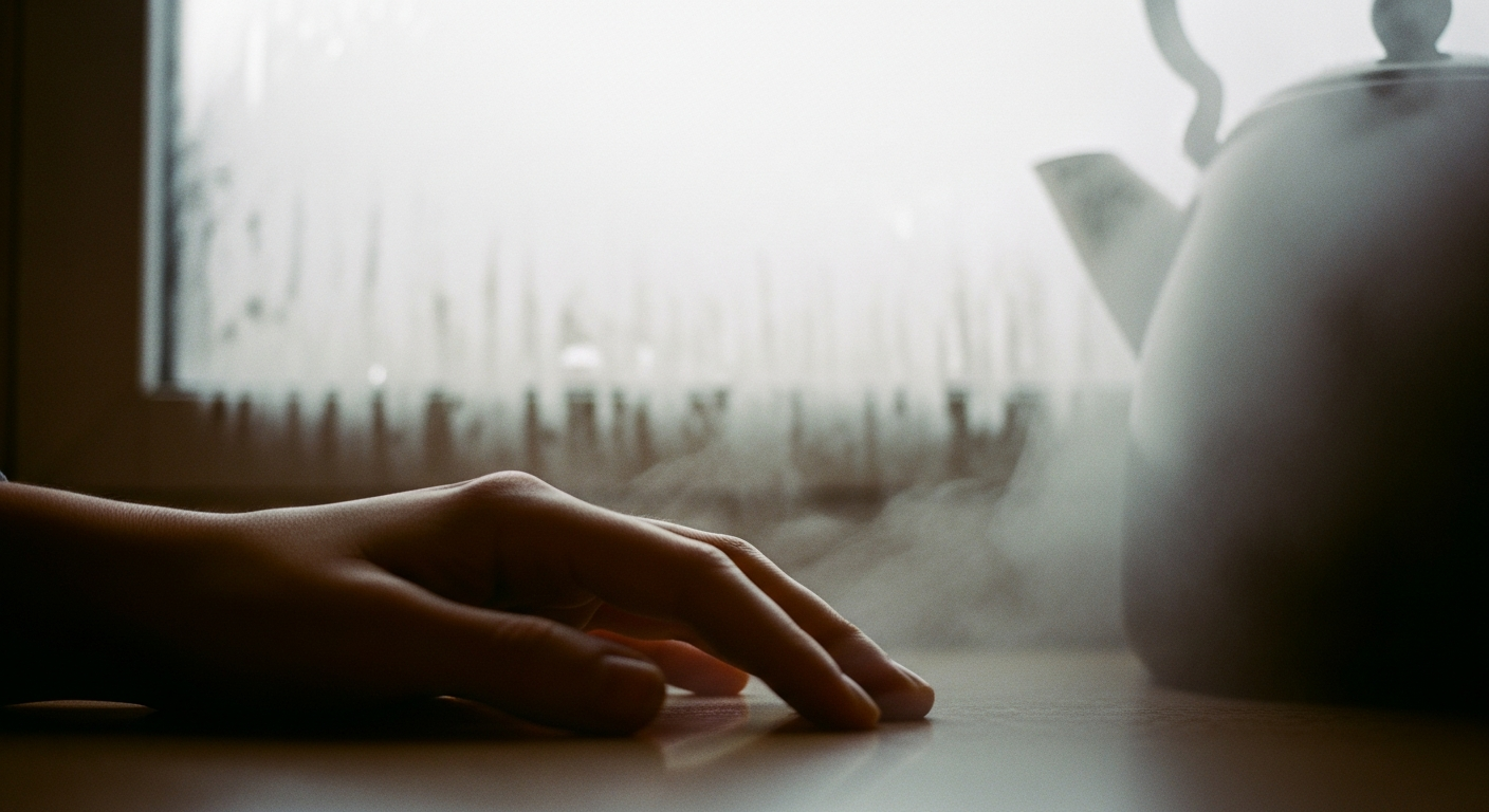 Fogged window and calm posture in warm kitchen light