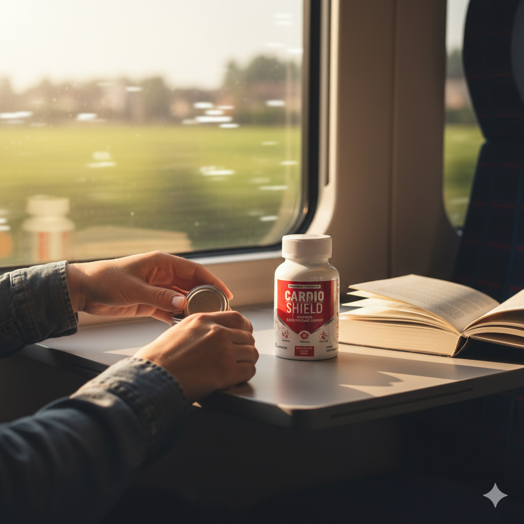 Cardio Shield on a train tray beside a book—easy to keep the routine