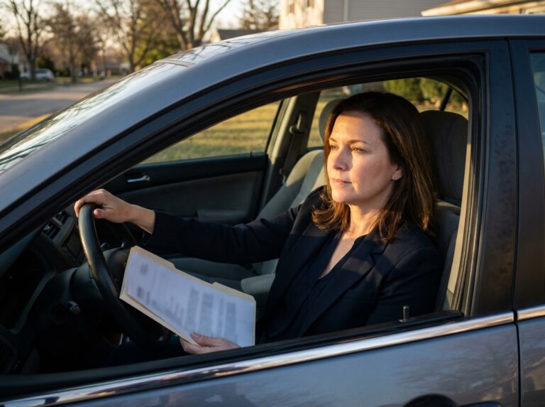 Woman in car with windows down processing health news in late-day light