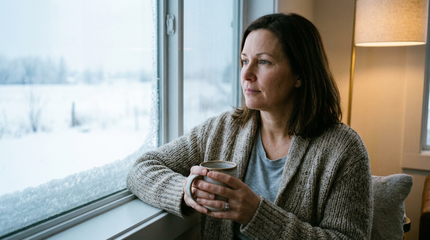 Woman in winter window light building a simple steady routine