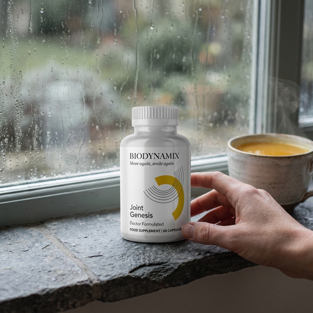 Joint Genesis bottle on a stone windowsill beside turmeric tea with rain-streaked garden behind