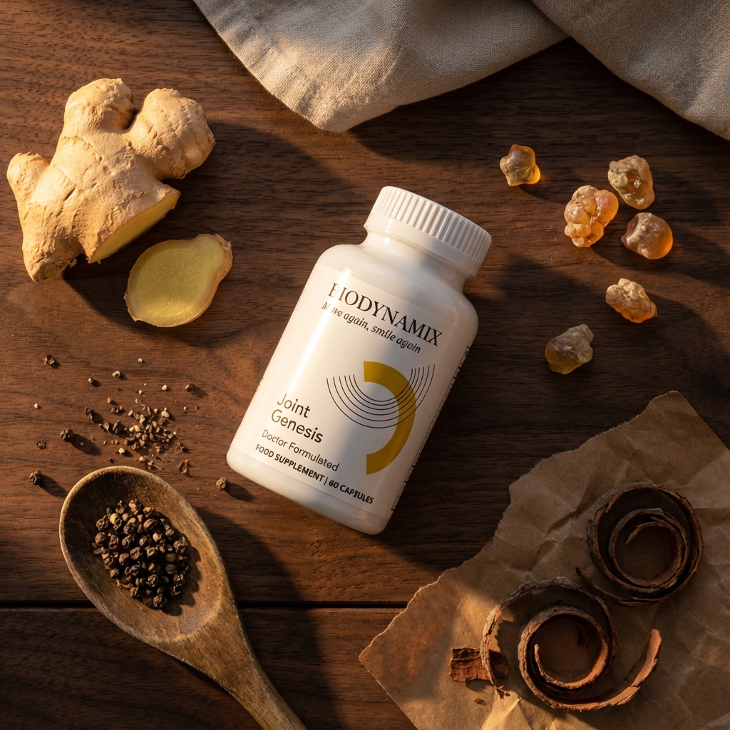 Overhead view of Joint Genesis bottle surrounded by ginger root pine bark boswellia resin and black peppercorns on a walnut table