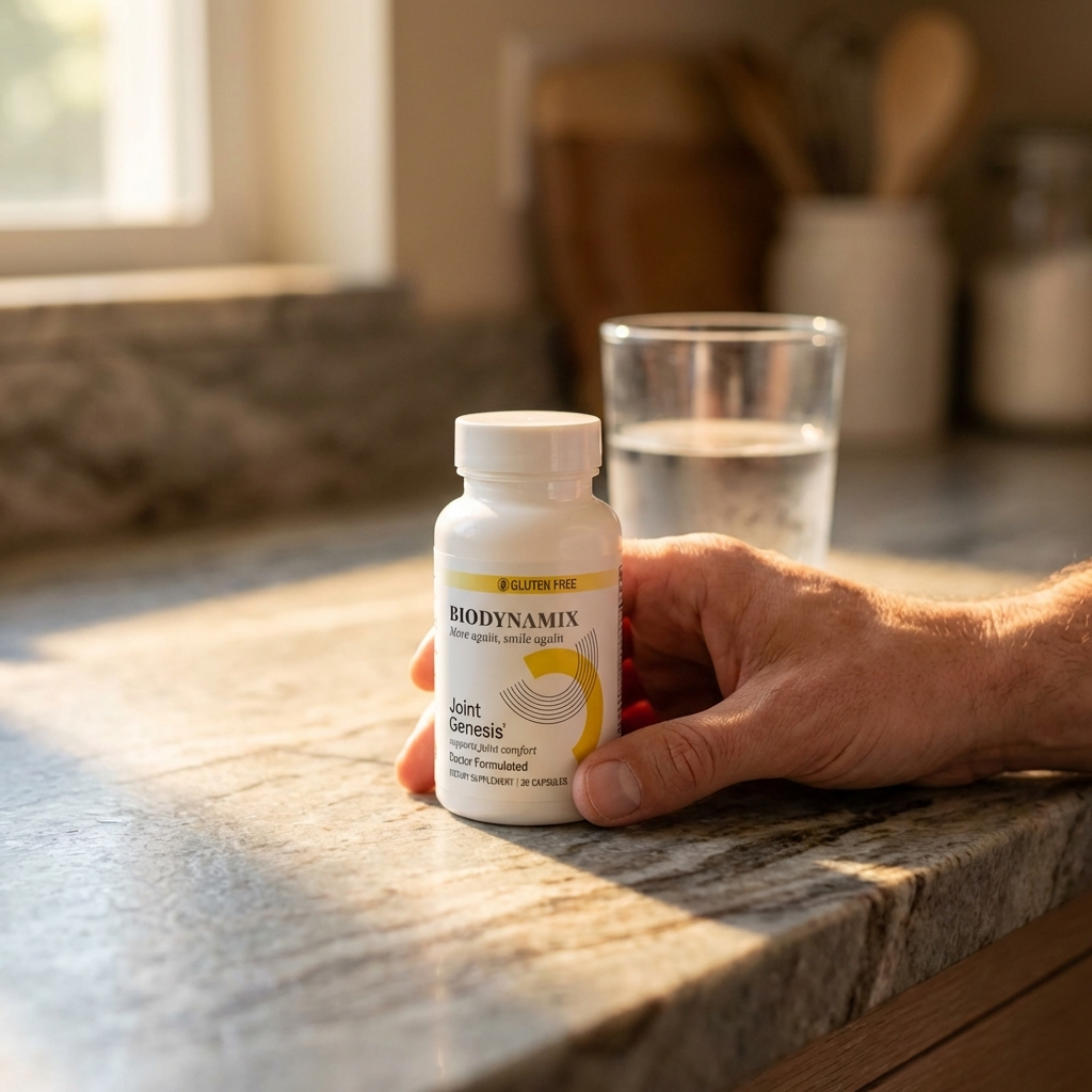 Joint Genesis bottle on sunlit kitchen counter beside water glass