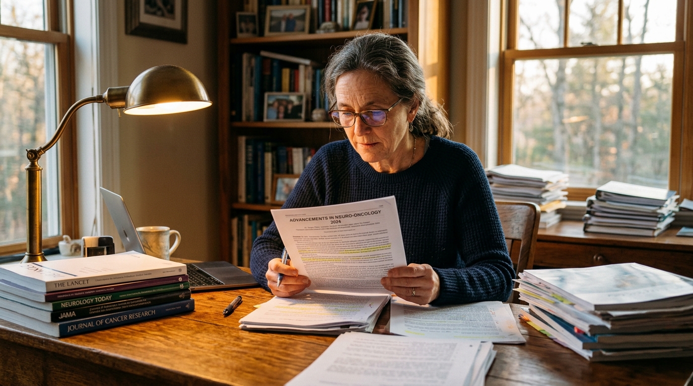 woman researching eye health studies intensively