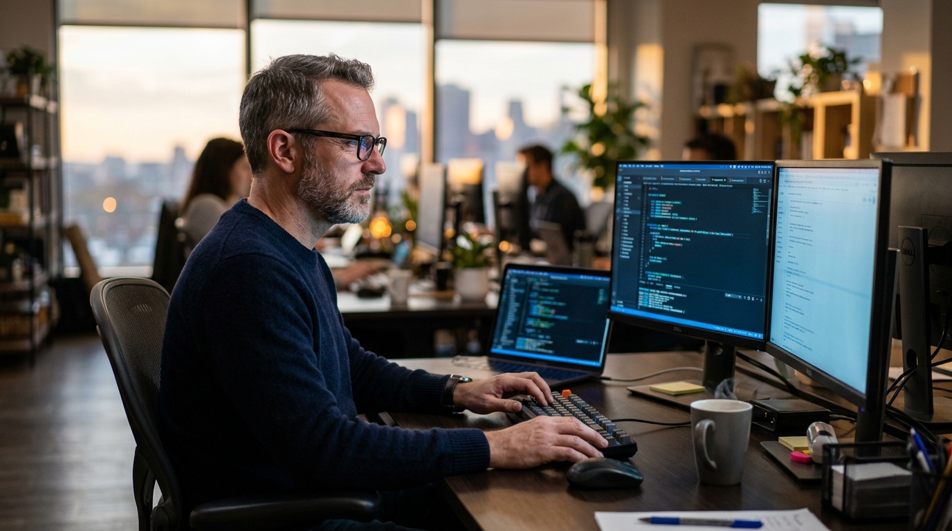 man working at computer screens with blue light