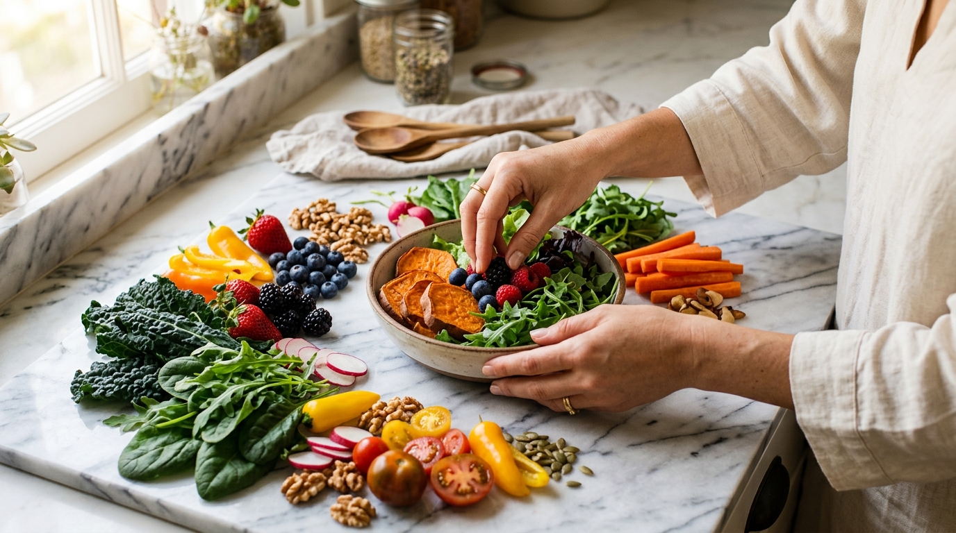 hands arranging colorful nutrient rich foods on counter