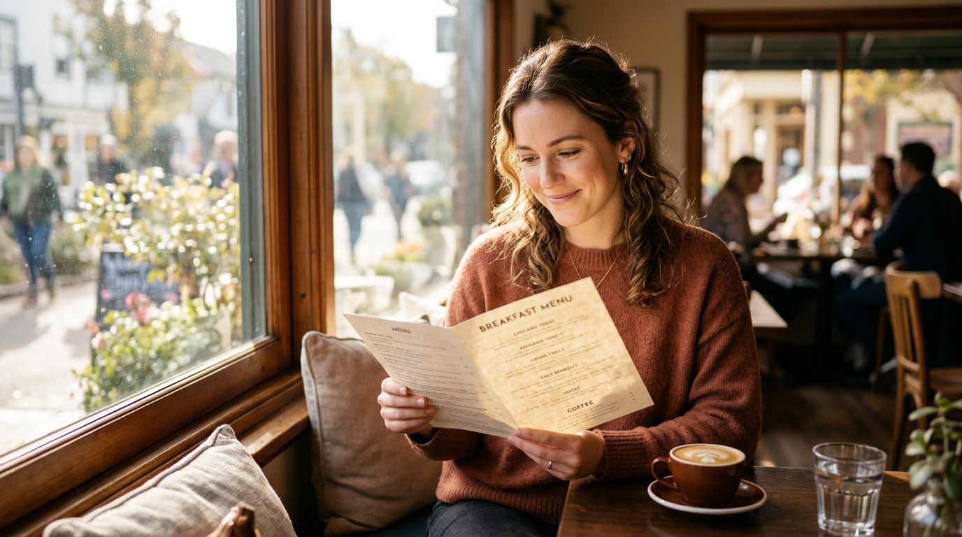 woman comfortably reading menu by window natural light