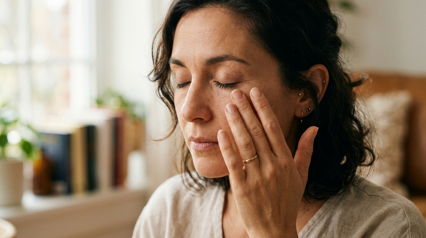 woman gently touching eye area with mindful expression