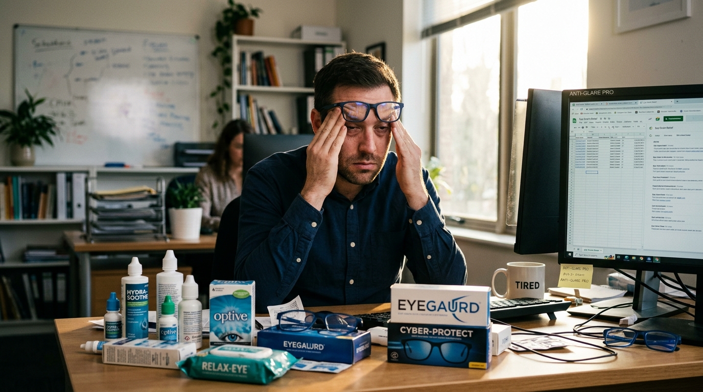 frustrated man with various eye care products