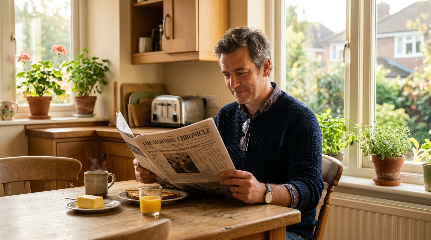 man reading comfortably in morning light