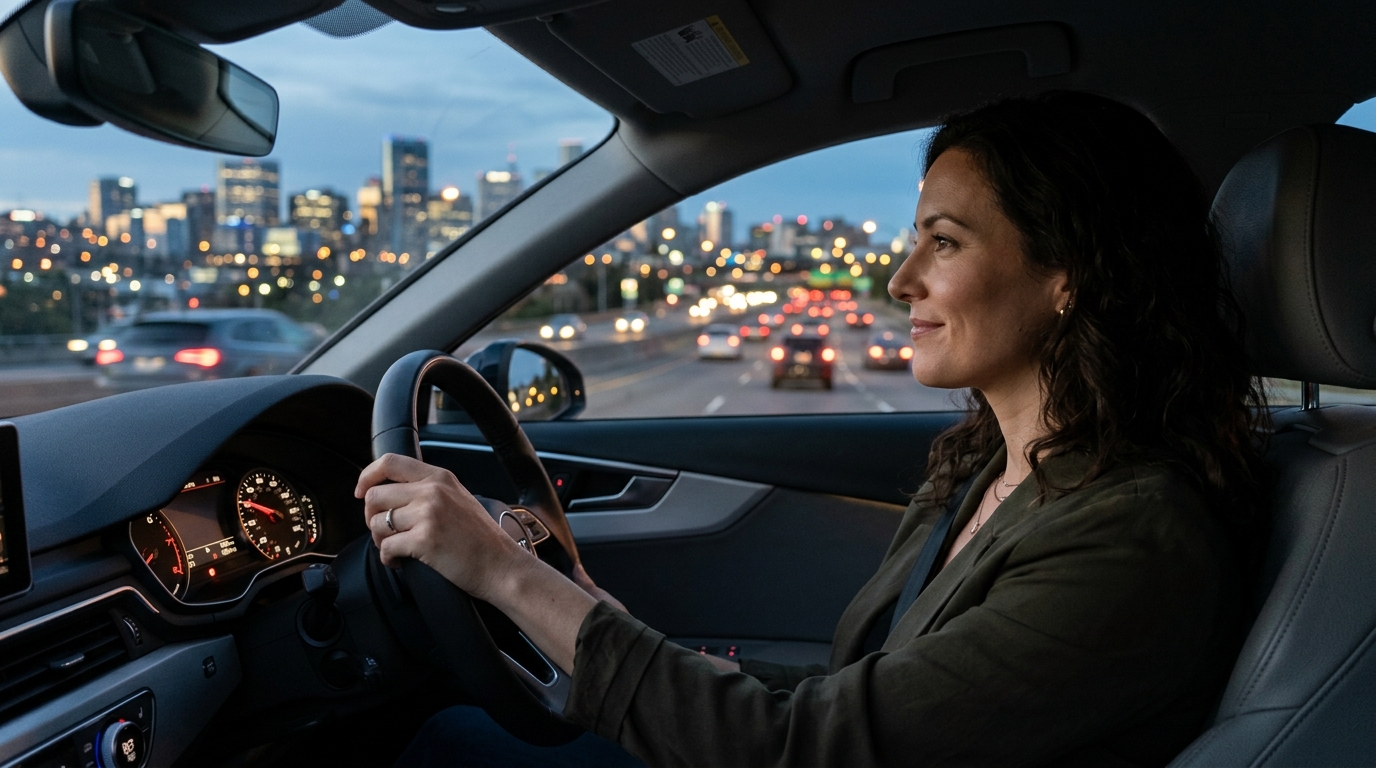 woman driving confidently at dusk