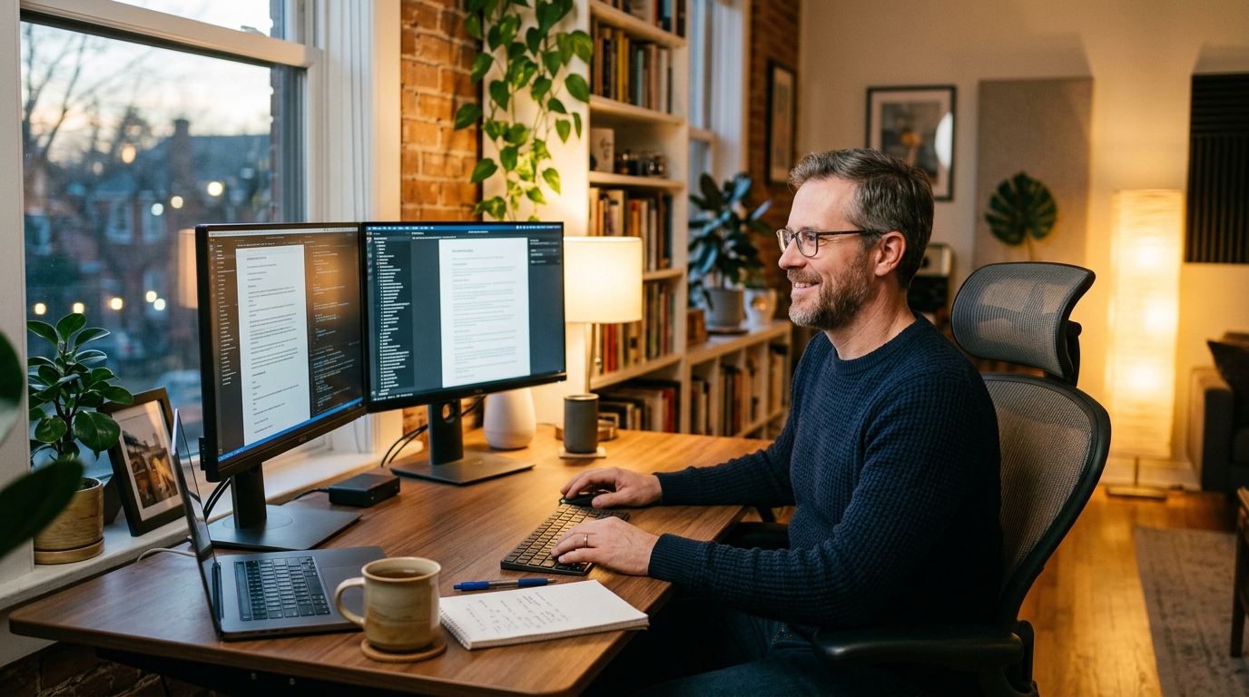 man working comfortably on computer without strain