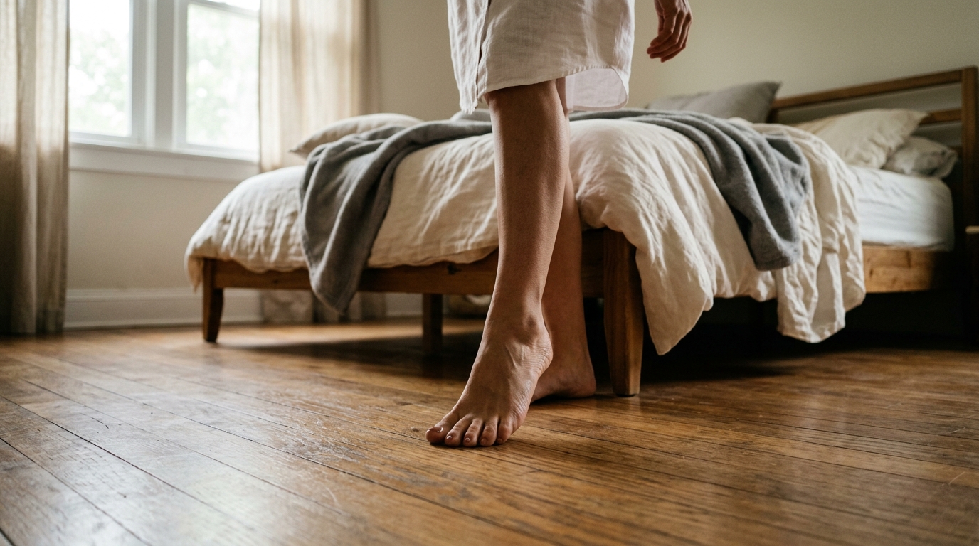 woman stepping out of bed morning realization